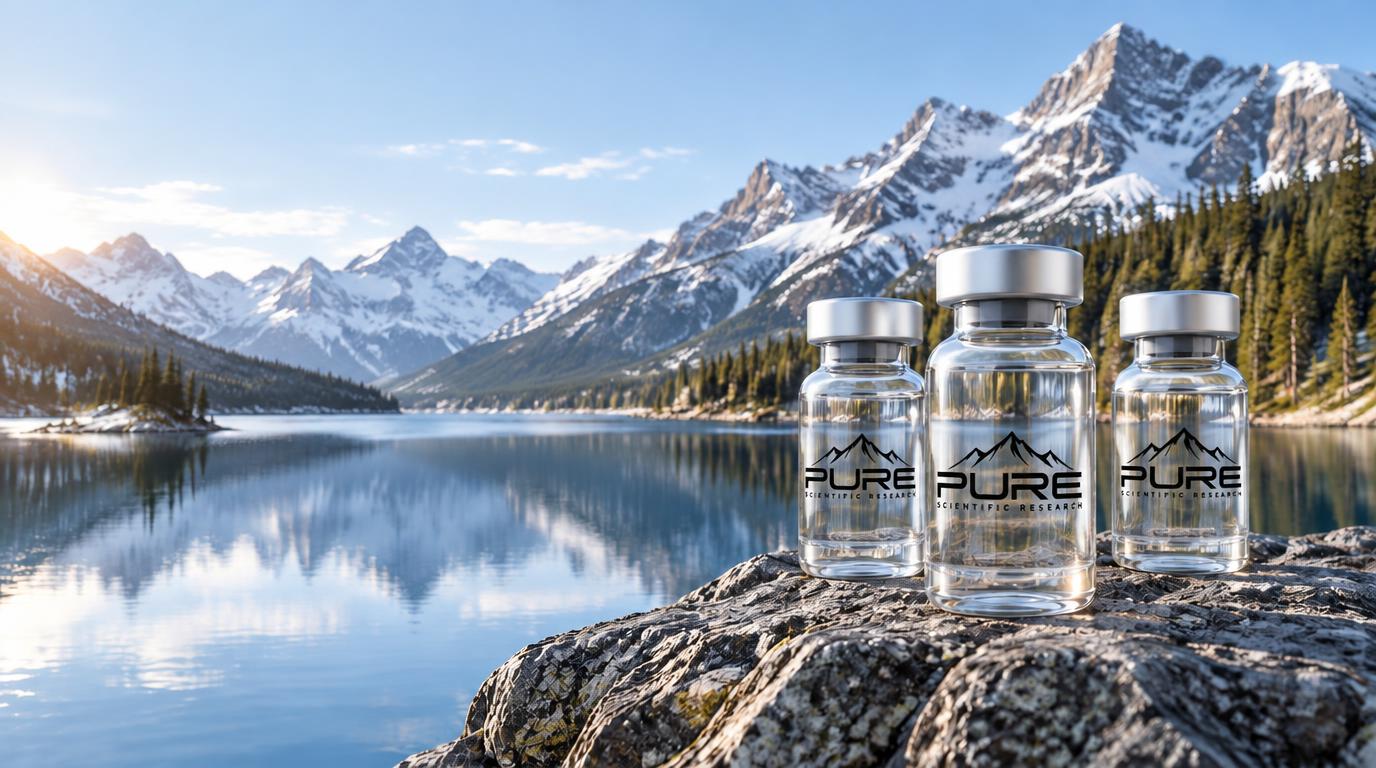 PURE research vials in an alpine laboratory landscape